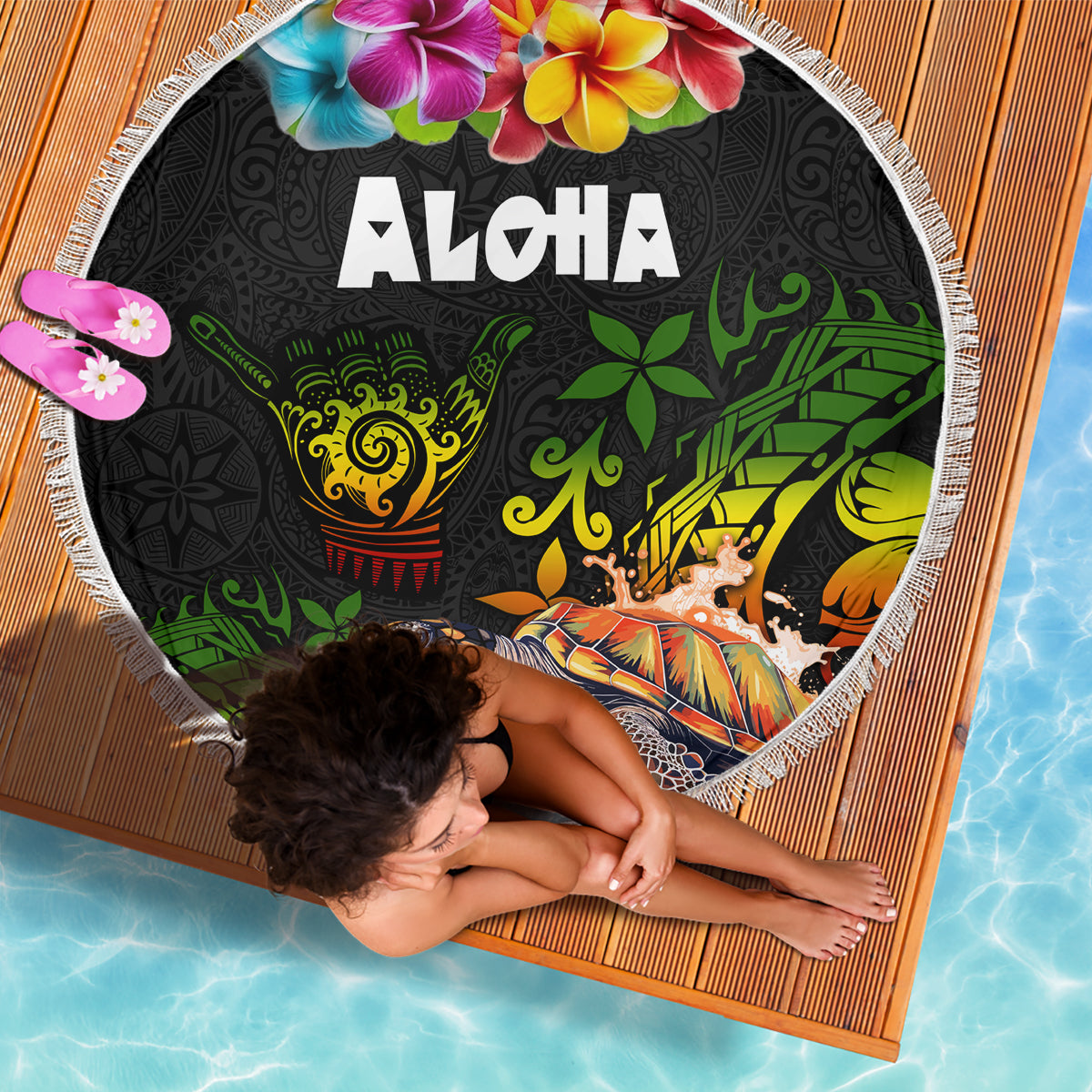 Hawaii Lei Day Beach Blanket Hibiscus Wreath and Polynesian Pattern LT03 - Polynesian Pride