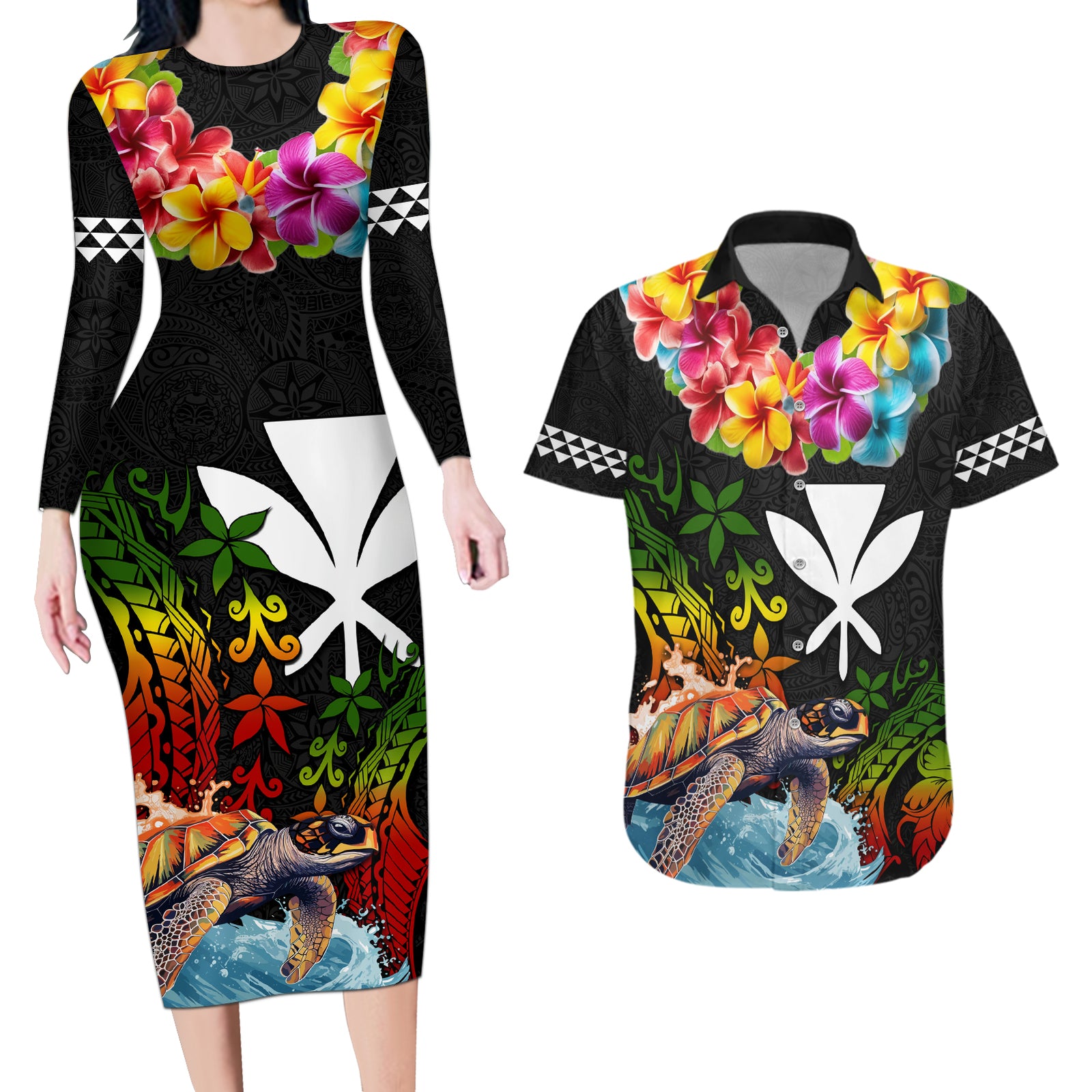 Hawaii Lei Day Couples Matching Long Sleeve Bodycon Dress and Hawaiian Shirt Hibiscus Wreath and Polynesian Pattern LT03 Black - Polynesian Pride