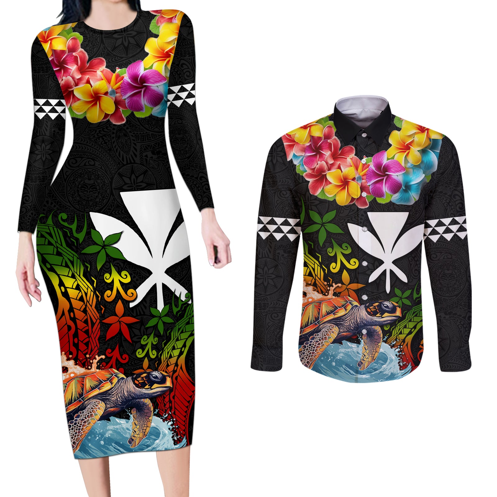 Hawaii Lei Day Couples Matching Long Sleeve Bodycon Dress and Long Sleeve Button Shirt Hibiscus Wreath and Polynesian Pattern LT03 Black - Polynesian Pride