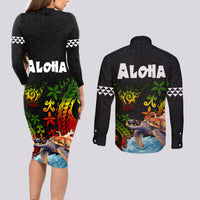 Hawaii Lei Day Couples Matching Long Sleeve Bodycon Dress and Long Sleeve Button Shirt Hibiscus Wreath and Polynesian Pattern LT03 - Polynesian Pride
