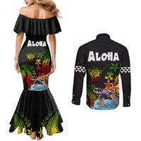 Hawaii Lei Day Couples Matching Mermaid Dress and Long Sleeve Button Shirt Hibiscus Wreath and Polynesian Pattern LT03 - Polynesian Pride
