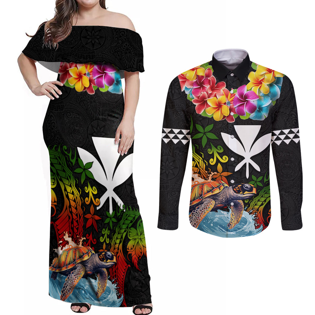 Hawaii Lei Day Couples Matching Off Shoulder Maxi Dress and Long Sleeve Button Shirt Hibiscus Wreath and Polynesian Pattern LT03 Black - Polynesian Pride