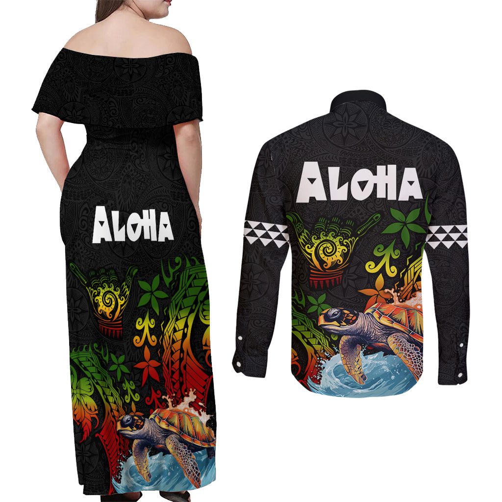 Hawaii Lei Day Couples Matching Off Shoulder Maxi Dress and Long Sleeve Button Shirt Hibiscus Wreath and Polynesian Pattern LT03 - Polynesian Pride