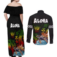 Hawaii Lei Day Couples Matching Off Shoulder Maxi Dress and Long Sleeve Button Shirt Hibiscus Wreath and Polynesian Pattern LT03 - Polynesian Pride