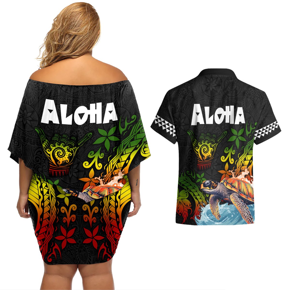 Hawaii Lei Day Couples Matching Off Shoulder Short Dress and Hawaiian Shirt Hibiscus Wreath and Polynesian Pattern LT03 - Polynesian Pride