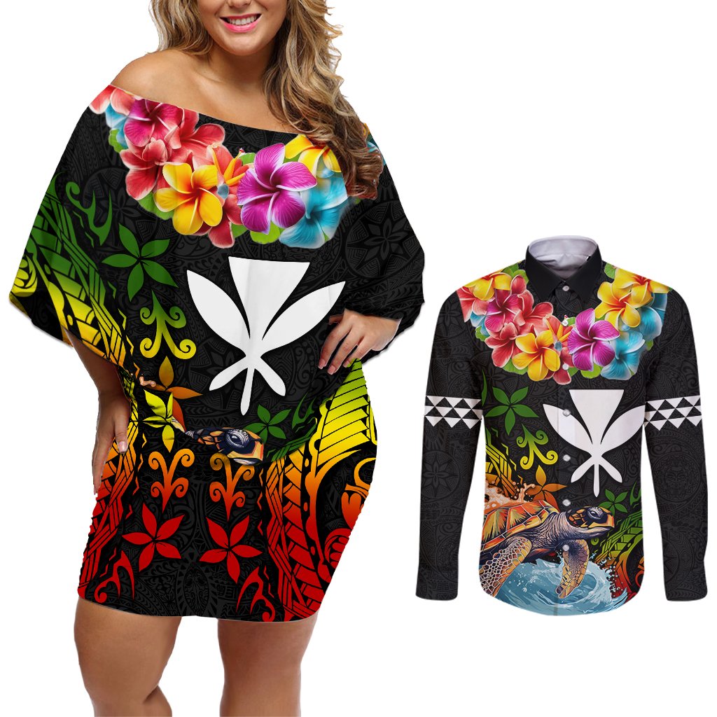 Hawaii Lei Day Couples Matching Off Shoulder Short Dress and Long Sleeve Button Shirt Hibiscus Wreath and Polynesian Pattern LT03 Black - Polynesian Pride