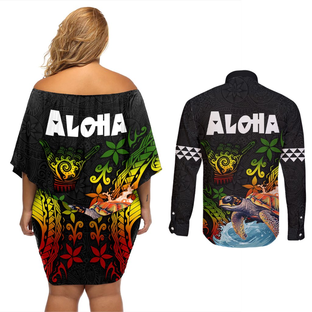 Hawaii Lei Day Couples Matching Off Shoulder Short Dress and Long Sleeve Button Shirt Hibiscus Wreath and Polynesian Pattern LT03 - Polynesian Pride