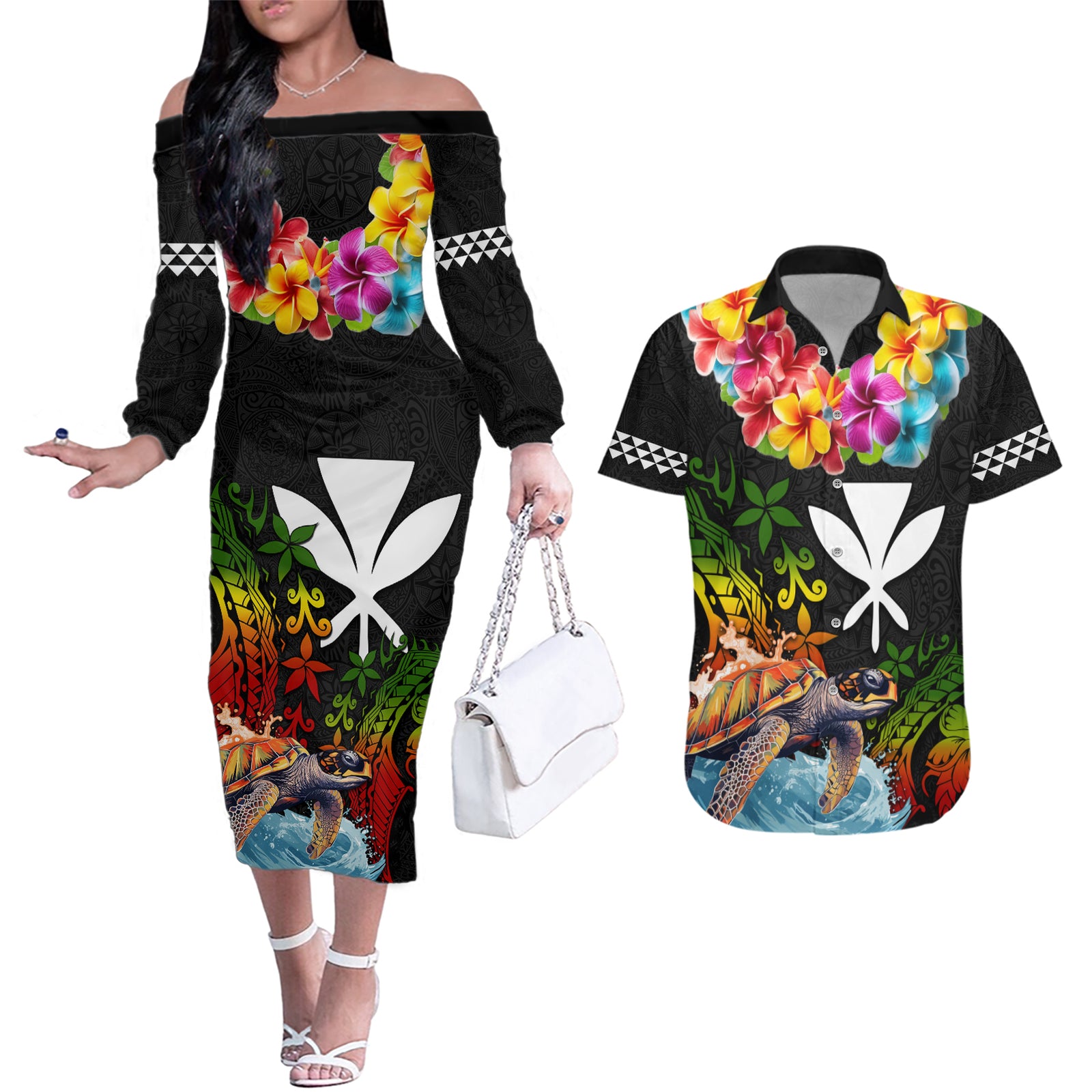 Hawaii Lei Day Couples Matching Off The Shoulder Long Sleeve Dress and Hawaiian Shirt Hibiscus Wreath and Polynesian Pattern LT03 Black - Polynesian Pride