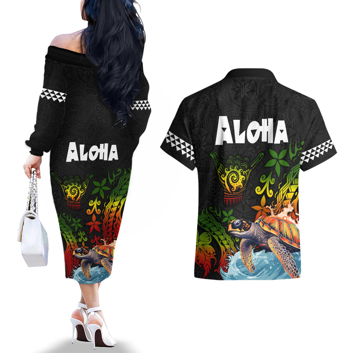 Hawaii Lei Day Couples Matching Off The Shoulder Long Sleeve Dress and Hawaiian Shirt Hibiscus Wreath and Polynesian Pattern LT03 - Polynesian Pride