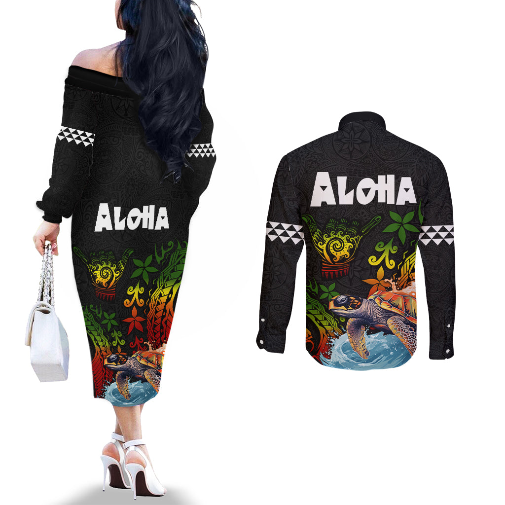 Hawaii Lei Day Couples Matching Off The Shoulder Long Sleeve Dress and Long Sleeve Button Shirt Hibiscus Wreath and Polynesian Pattern