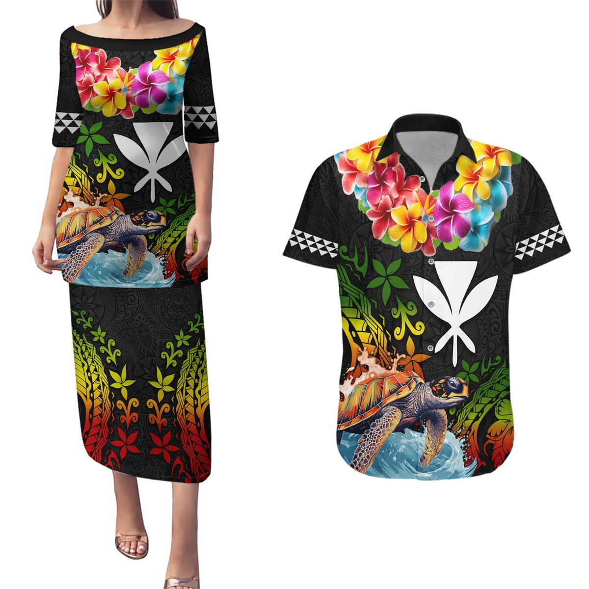 Hawaii Lei Day Couples Matching Puletasi and Hawaiian Shirt Hibiscus Wreath and Polynesian Pattern LT03 Black - Polynesian Pride