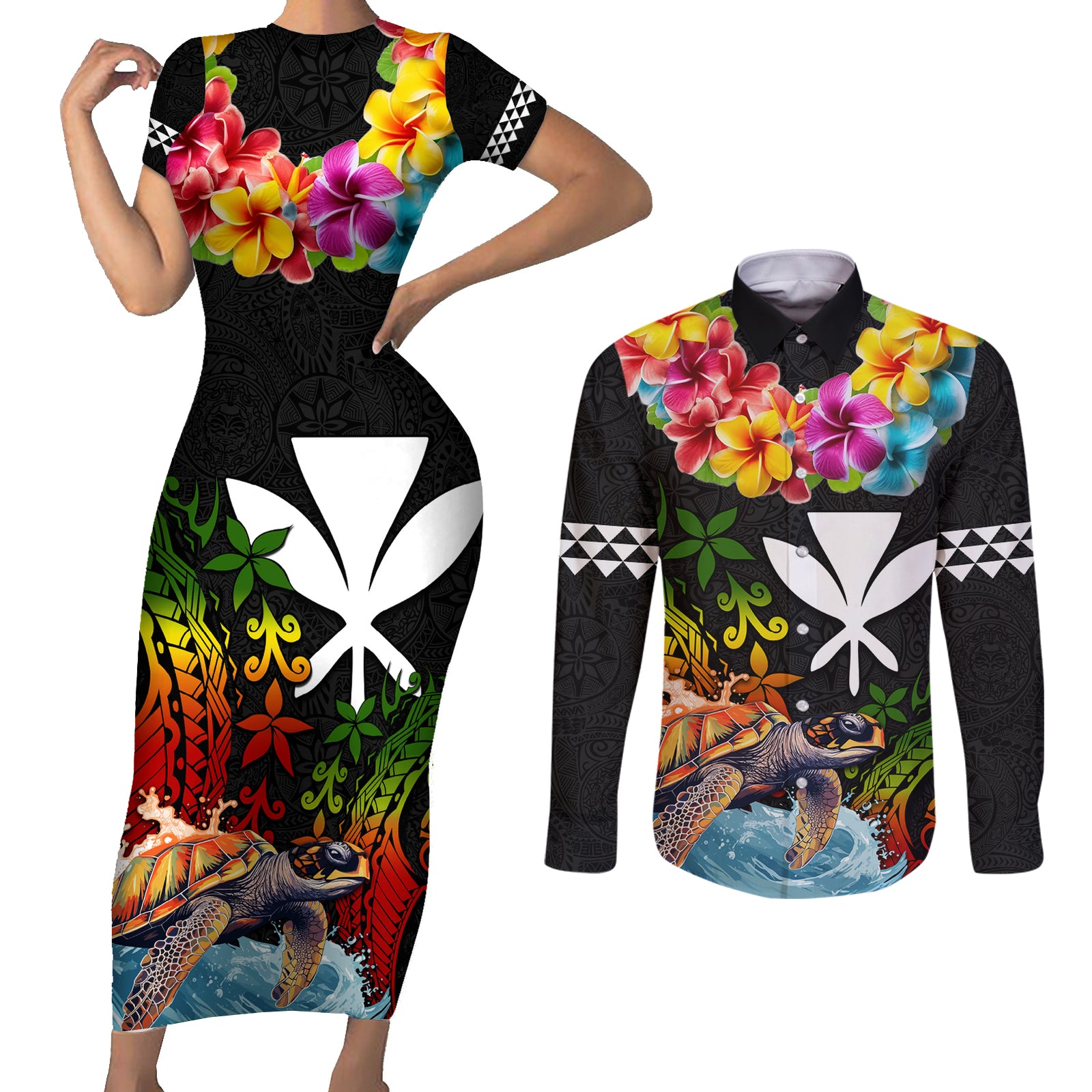Hawaii Lei Day Couples Matching Short Sleeve Bodycon Dress and Long Sleeve Button Shirt Hibiscus Wreath and Polynesian Pattern LT03 Black - Polynesian Pride
