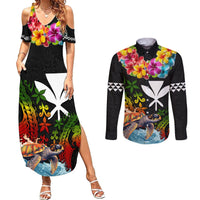 Hawaii Lei Day Couples Matching Summer Maxi Dress and Long Sleeve Button Shirt Hibiscus Wreath and Polynesian Pattern LT03 Black - Polynesian Pride