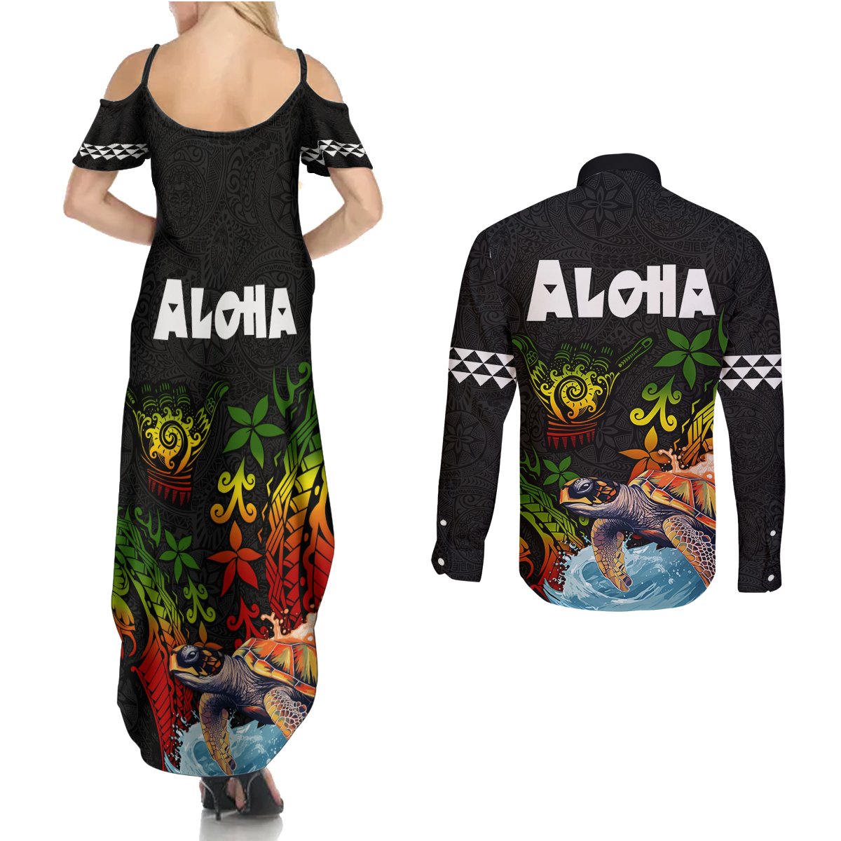 Hawaii Lei Day Couples Matching Summer Maxi Dress and Long Sleeve Button Shirt Hibiscus Wreath and Polynesian Pattern LT03 - Polynesian Pride