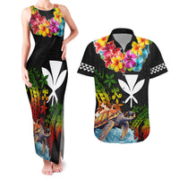 Hawaii Lei Day Couples Matching Tank Maxi Dress and Hawaiian Shirt Hibiscus Wreath and Polynesian Pattern LT03 Black - Polynesian Pride