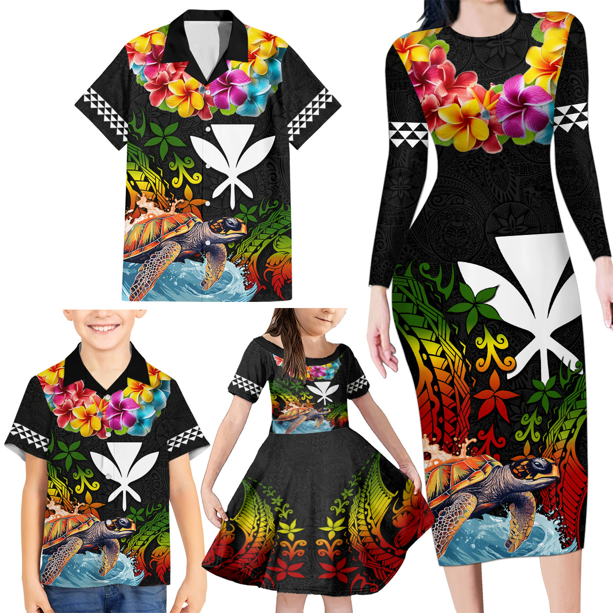 Hawaii Lei Day Family Matching Long Sleeve Bodycon Dress and Hawaiian Shirt Hibiscus Wreath and Polynesian Pattern