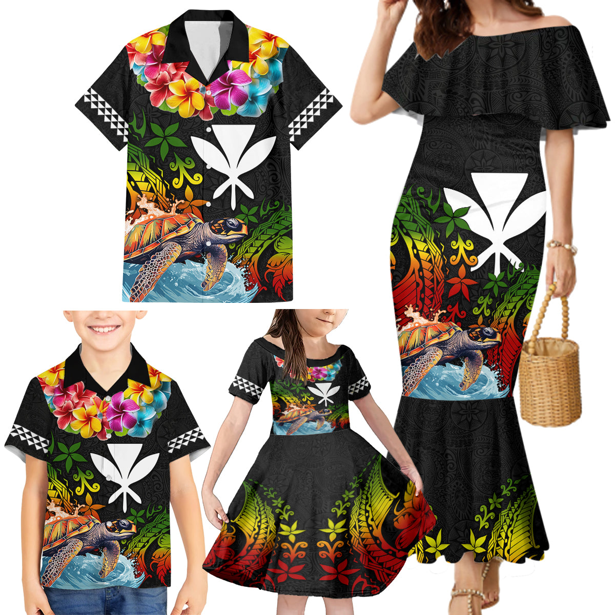 Hawaii Lei Day Family Matching Mermaid Dress and Hawaiian Shirt Hibiscus Wreath and Polynesian Pattern