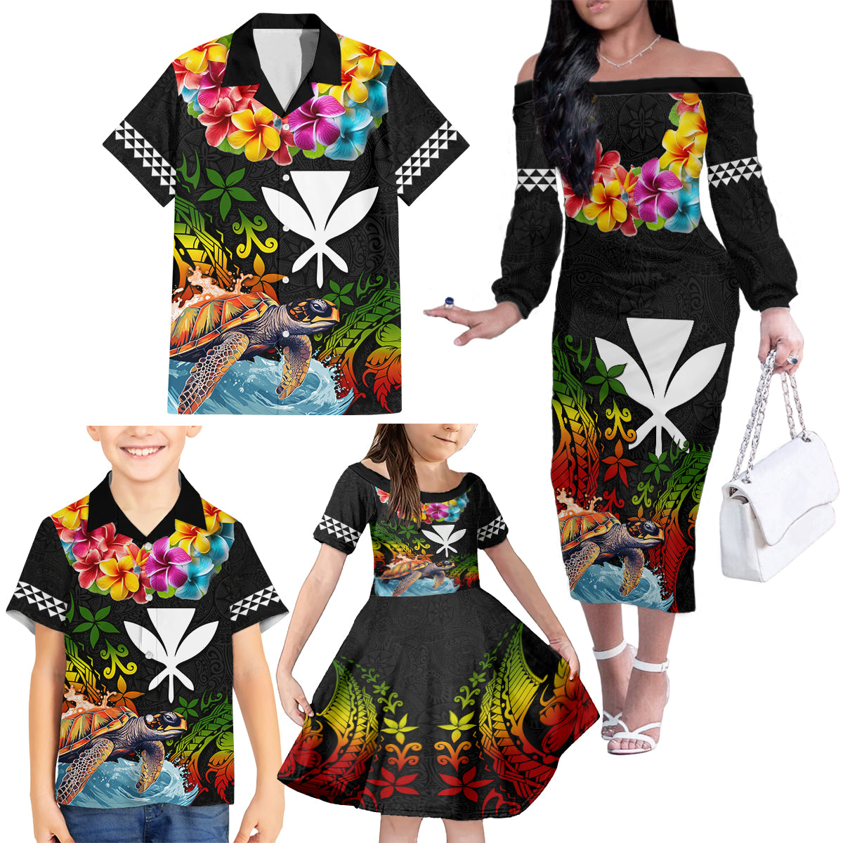 Hawaii Lei Day Family Matching Off The Shoulder Long Sleeve Dress and Hawaiian Shirt Hibiscus Wreath and Polynesian Pattern