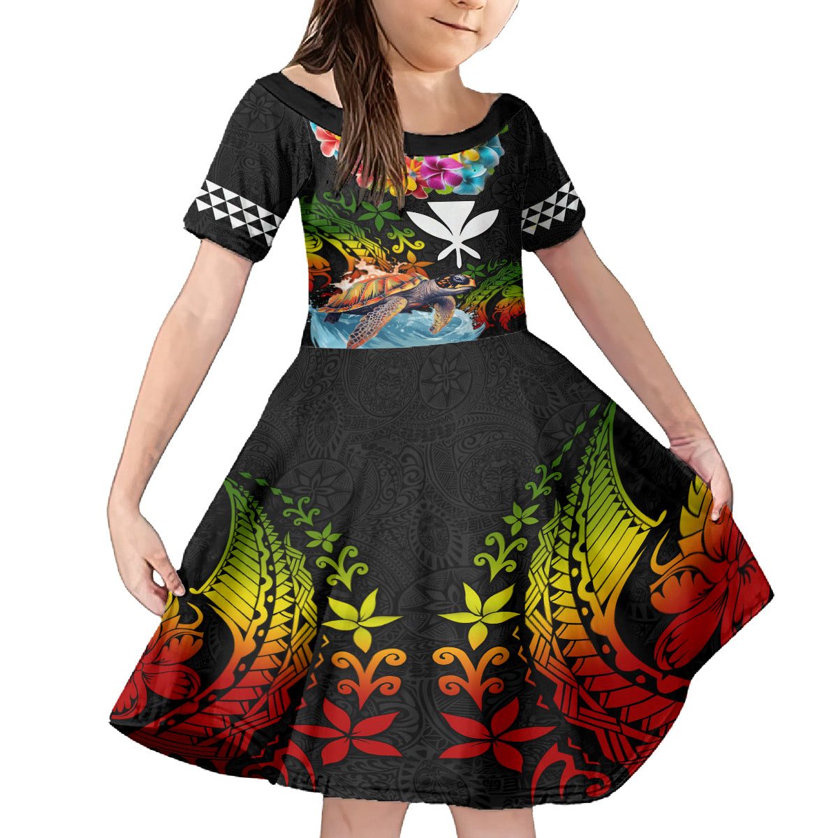 Hawaii Lei Day Family Matching Puletasi and Hawaiian Shirt Hibiscus Wreath and Polynesian Pattern LT03 Daughter's Dress Black - Polynesian Pride