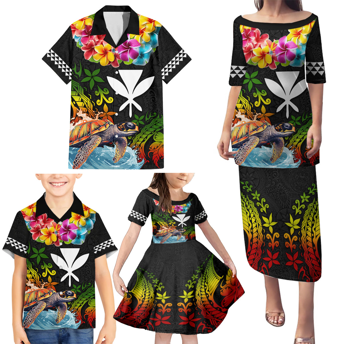 Hawaii Lei Day Family Matching Puletasi and Hawaiian Shirt Hibiscus Wreath and Polynesian Pattern LT03 - Polynesian Pride
