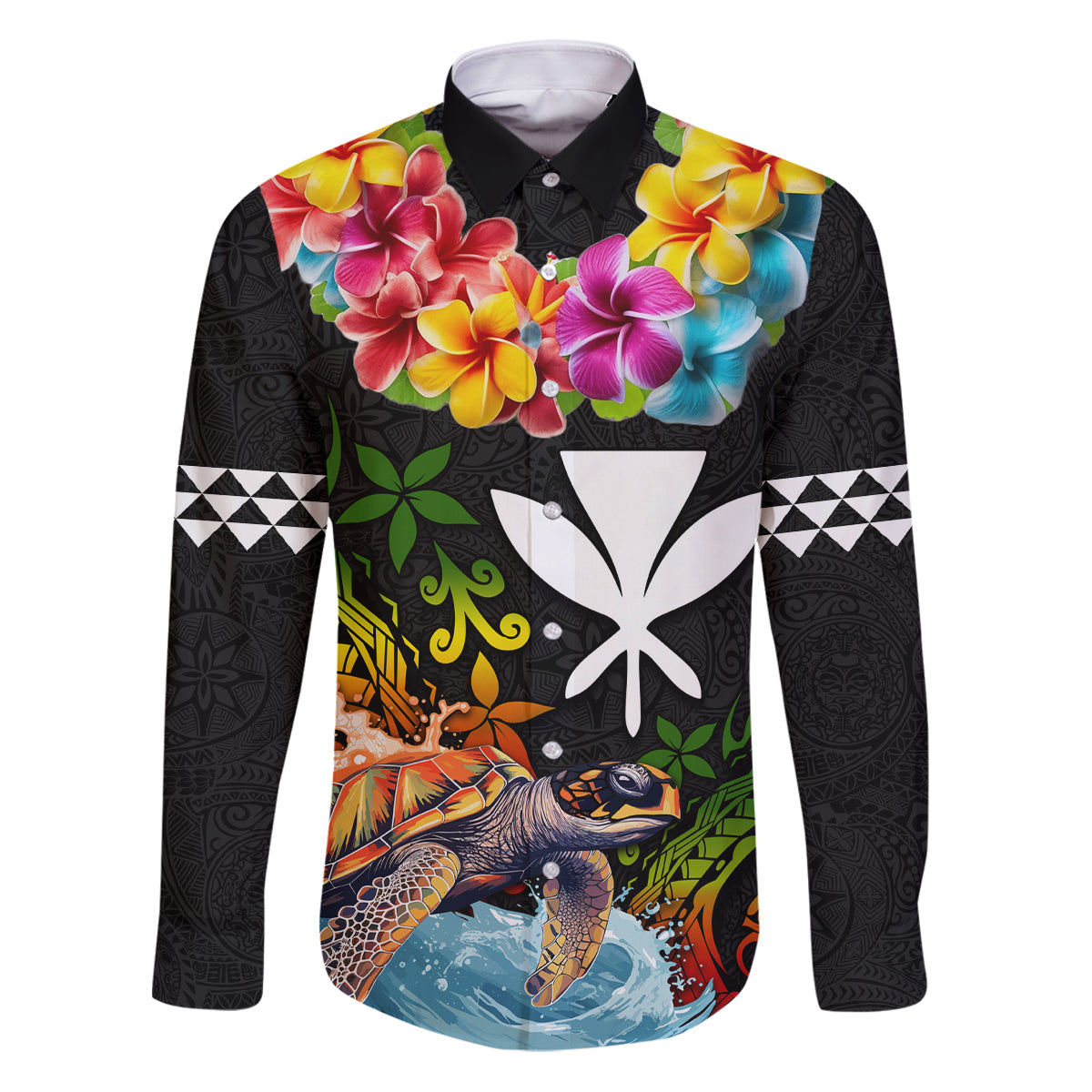 Hawaii Lei Day Family Matching Puletasi and Hawaiian Shirt Hibiscus Wreath and Polynesian Pattern LT03 Dad's Shirt - Long Sleeve Black - Polynesian Pride