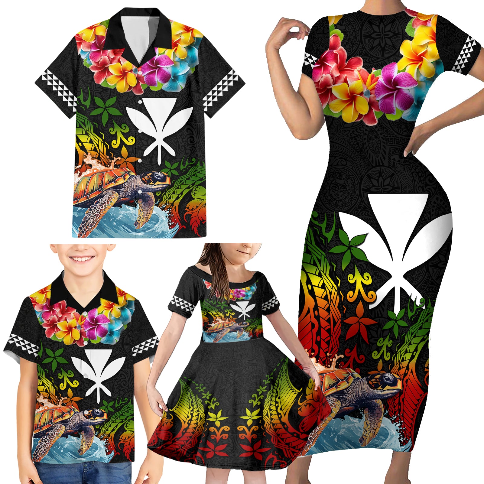 Hawaii Lei Day Family Matching Short Sleeve Bodycon Dress and Hawaiian Shirt Hibiscus Wreath and Polynesian Pattern