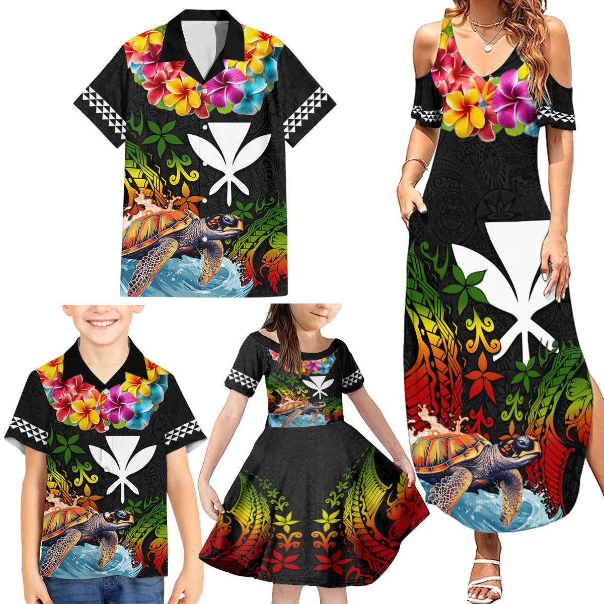 Hawaii Lei Day Family Matching Summer Maxi Dress and Hawaiian Shirt Hibiscus Wreath and Polynesian Pattern LT03 - Polynesian Pride