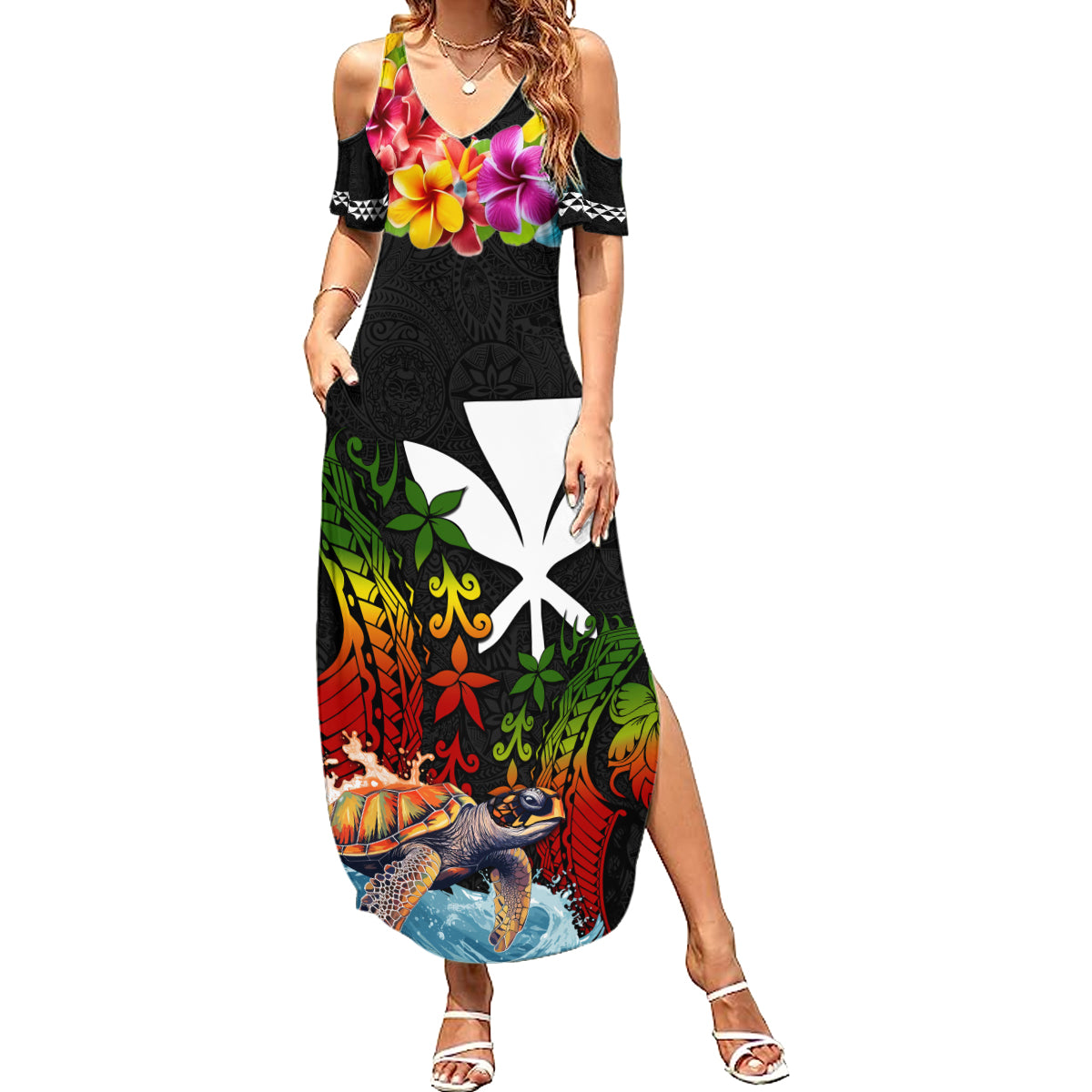 Hawaii Lei Day Family Matching Summer Maxi Dress and Hawaiian Shirt Hibiscus Wreath and Polynesian Pattern LT03 Mom's Dress Black - Polynesian Pride