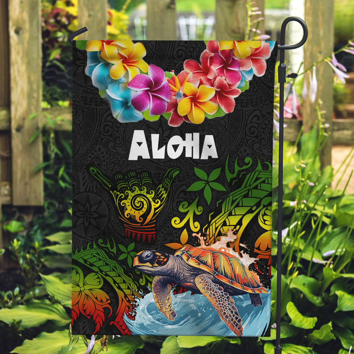 Hawaii Lei Day Garden Flag Hibiscus Wreath and Polynesian Pattern LT03 Garden Flag Black - Polynesian Pride
