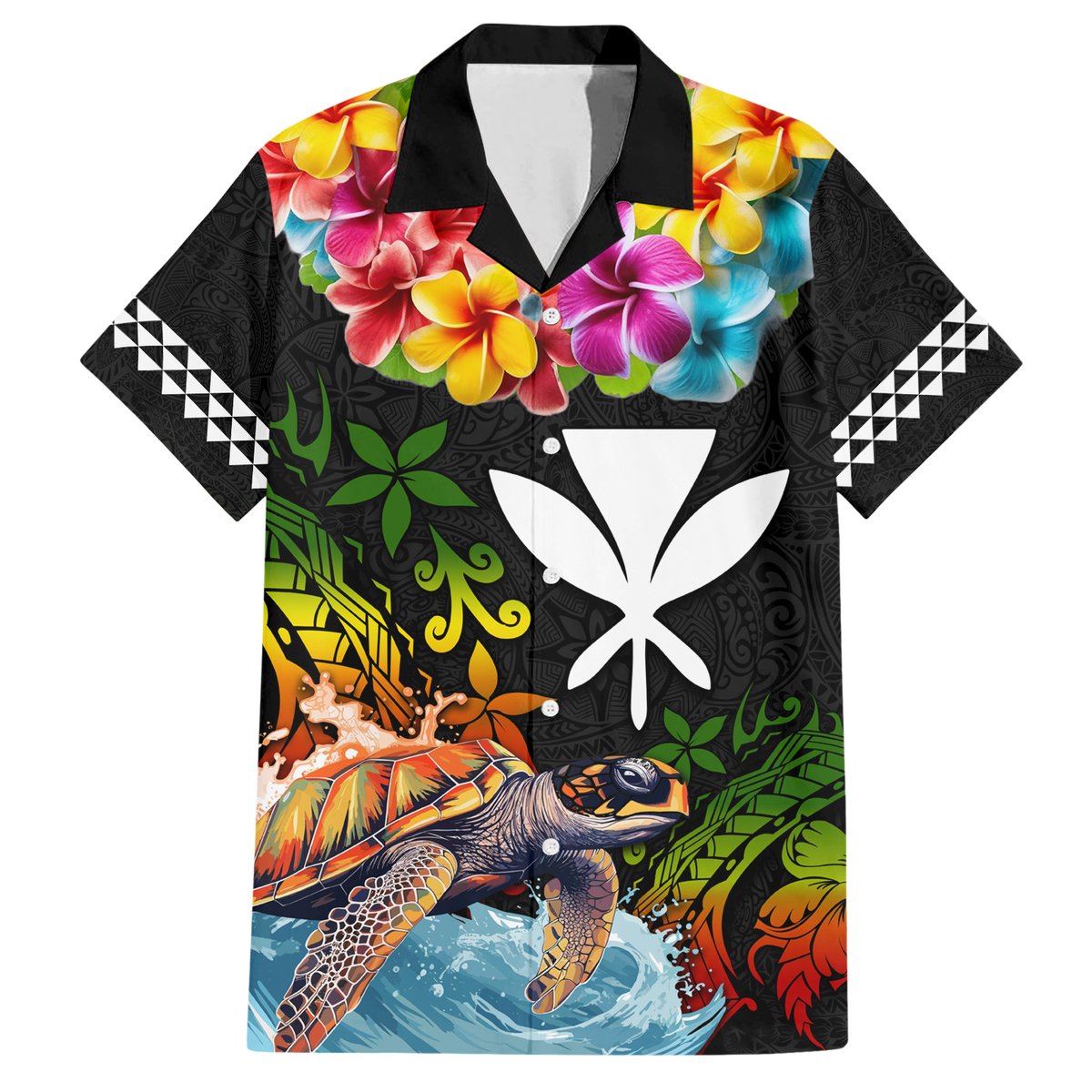 Hawaii Lei Day Hawaiian Shirt Hibiscus Wreath and Polynesian Pattern LT03 Black - Polynesian Pride
