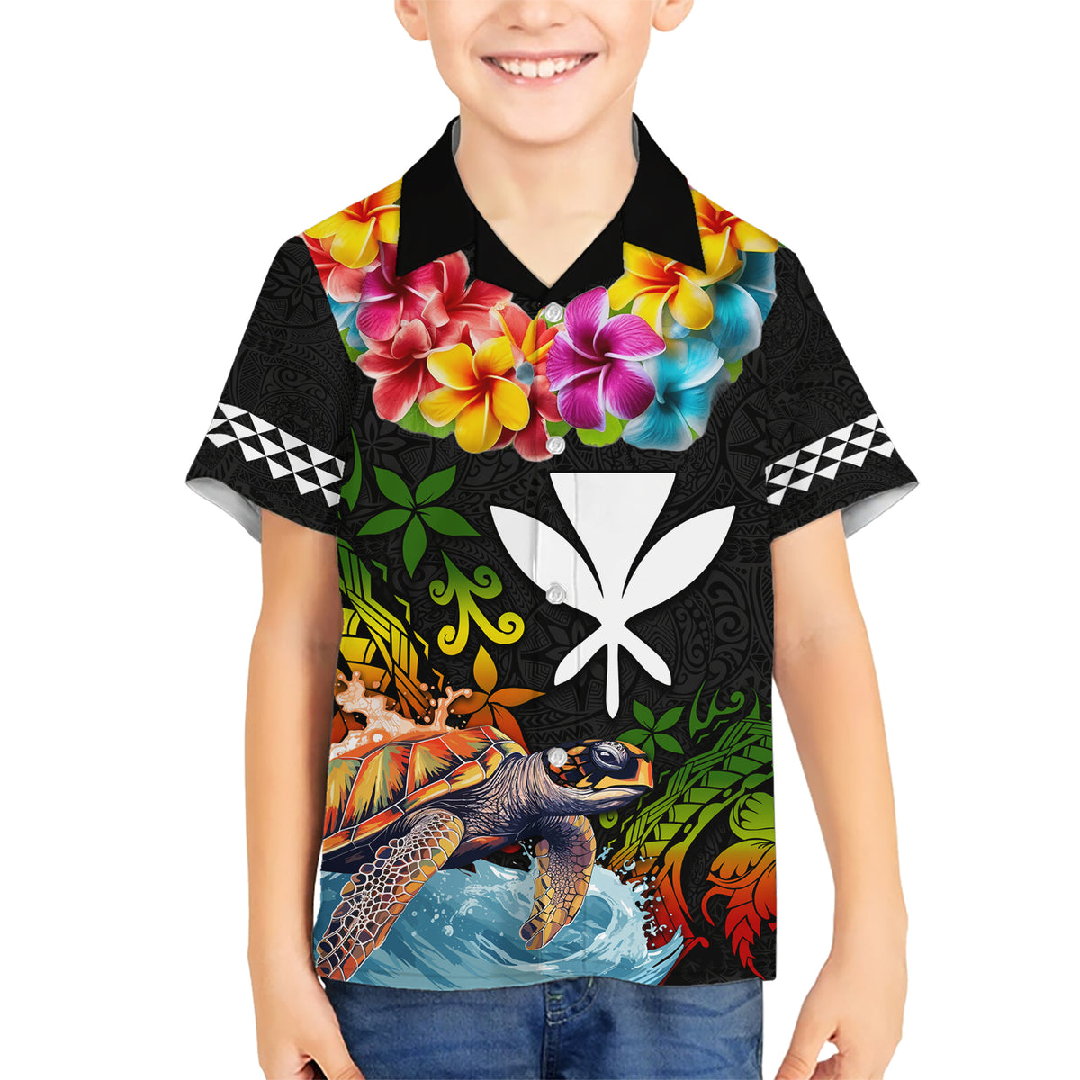 Hawaii Lei Day Kid Hawaiian Shirt Hibiscus Wreath and Polynesian Pattern LT03 Kid Black - Polynesian Pride