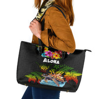Hawaii Lei Day Leather Tote Bag Hibiscus Wreath and Polynesian Pattern LT03 Black - Polynesian Pride