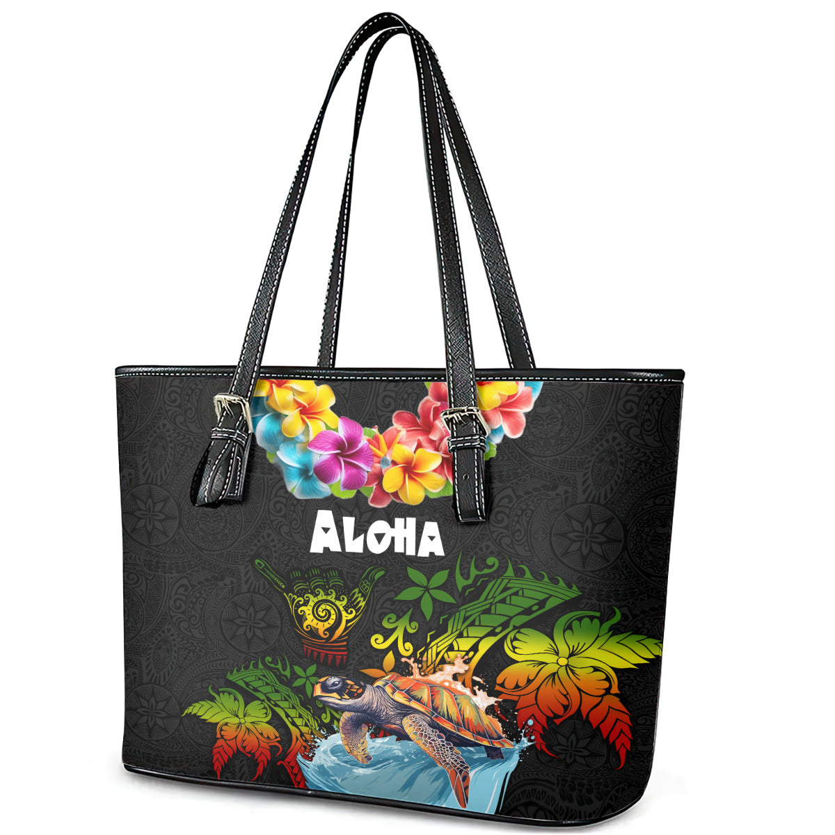 Hawaii Lei Day Leather Tote Bag Hibiscus Wreath and Polynesian Pattern LT03 - Polynesian Pride
