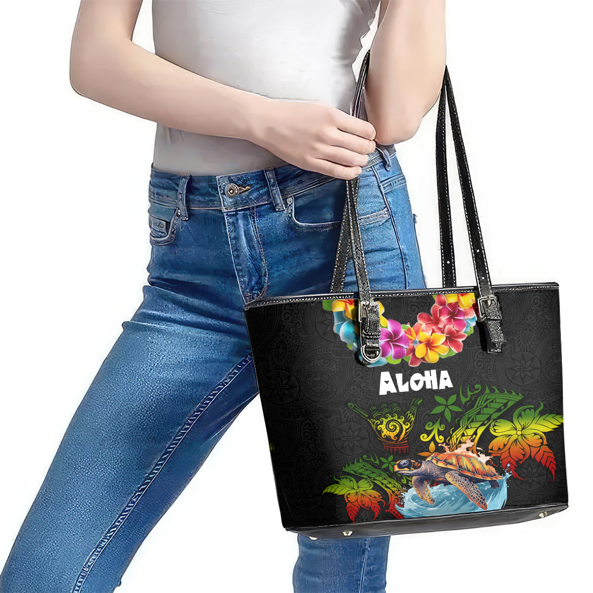 Hawaii Lei Day Leather Tote Bag Hibiscus Wreath and Polynesian Pattern LT03 - Polynesian Pride