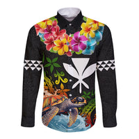 Hawaii Lei Day Long Sleeve Button Shirt Hibiscus Wreath and Polynesian Pattern