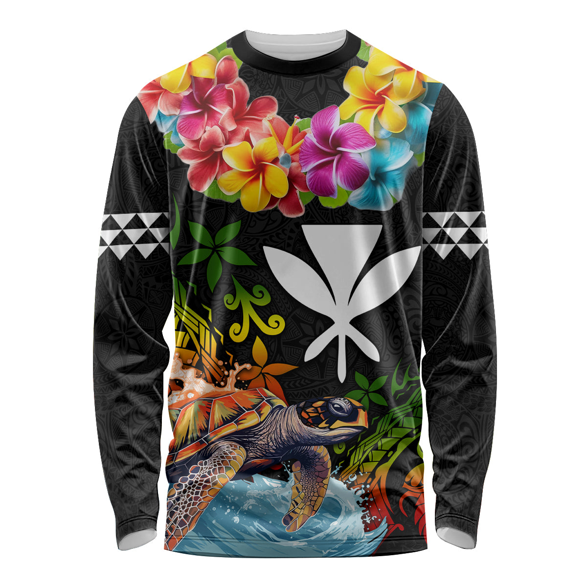 Hawaii Lei Day Long Sleeve Shirt Hibiscus Wreath and Polynesian Pattern