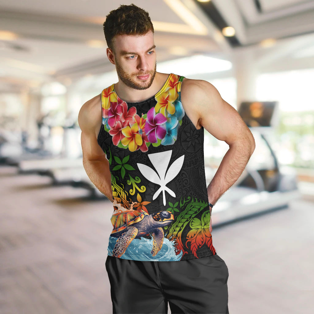 Hawaii Lei Day Men Tank Top Hibiscus Wreath and Polynesian Pattern LT03 Black - Polynesian Pride