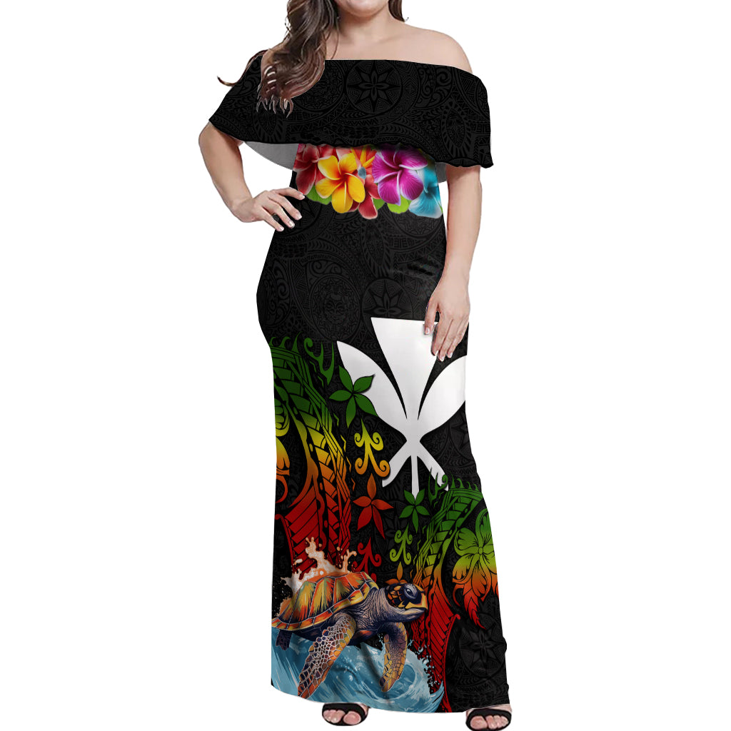 Hawaii Lei Day Off Shoulder Maxi Dress Hibiscus Wreath and Polynesian Pattern LT03 Women Black - Polynesian Pride