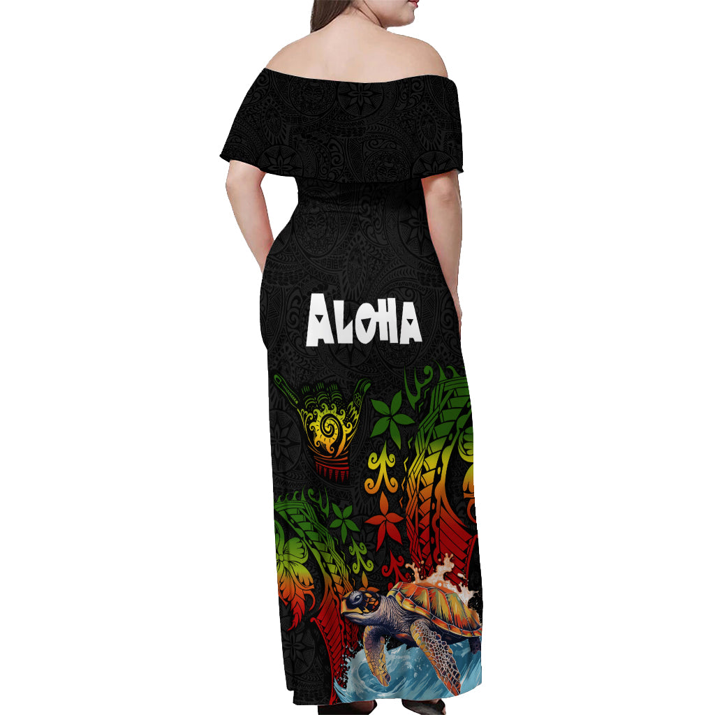 Hawaii Lei Day Off Shoulder Maxi Dress Hibiscus Wreath and Polynesian Pattern LT03 - Polynesian Pride