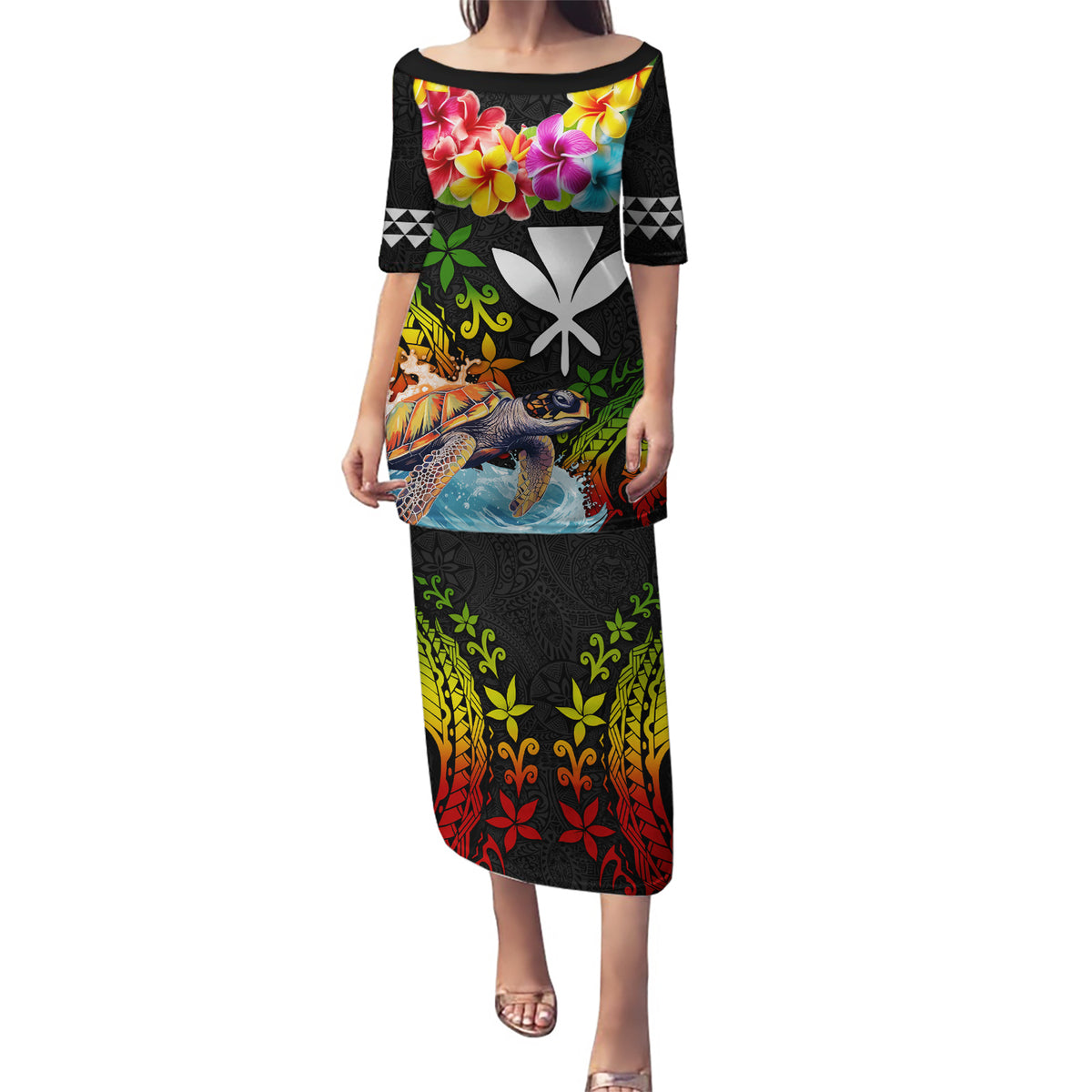 Hawaii Lei Day Puletasi Hibiscus Wreath and Polynesian Pattern LT03 Long Dress Black - Polynesian Pride