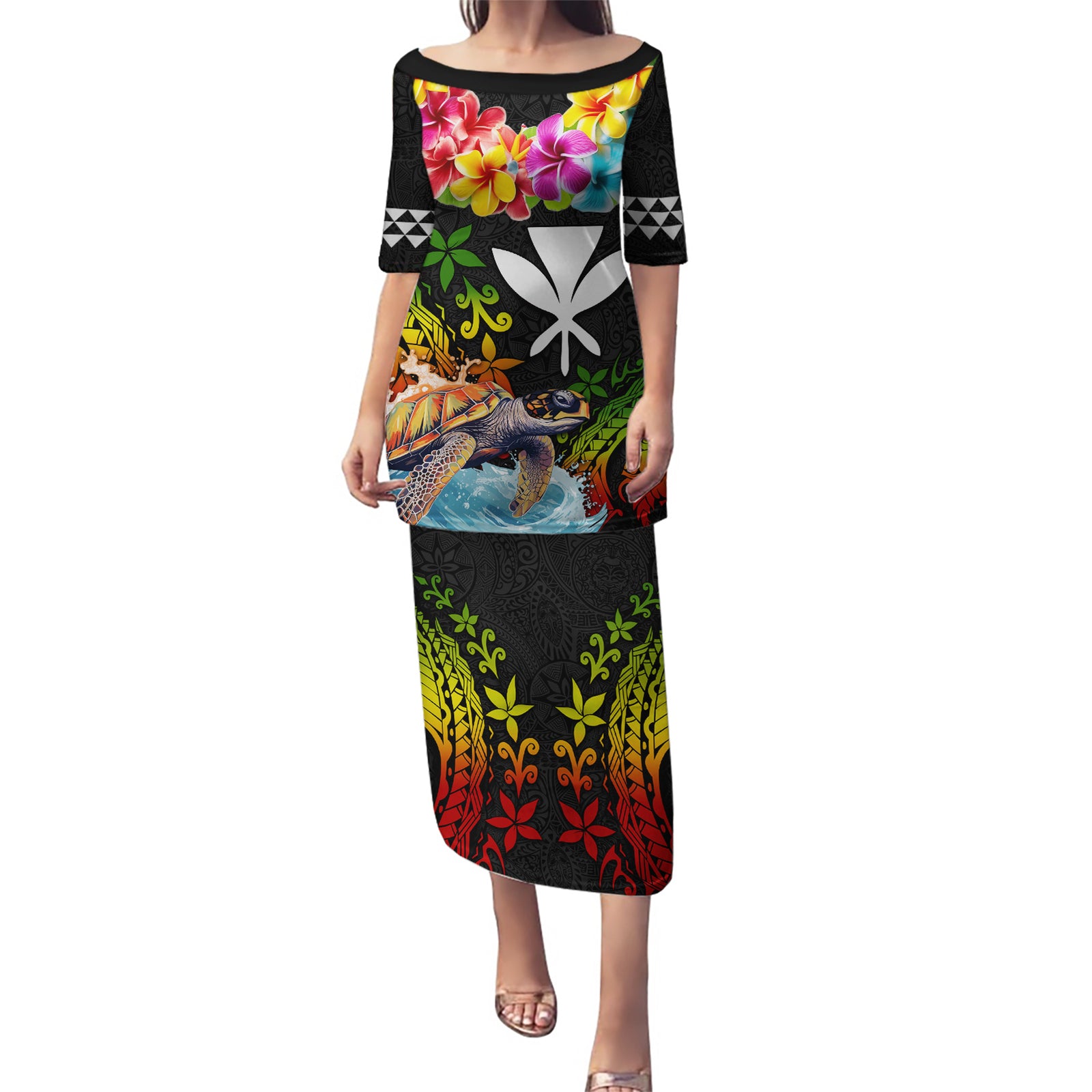 Hawaii Lei Day Puletasi Hibiscus Wreath and Polynesian Pattern LT03 Long Dress Black - Polynesian Pride