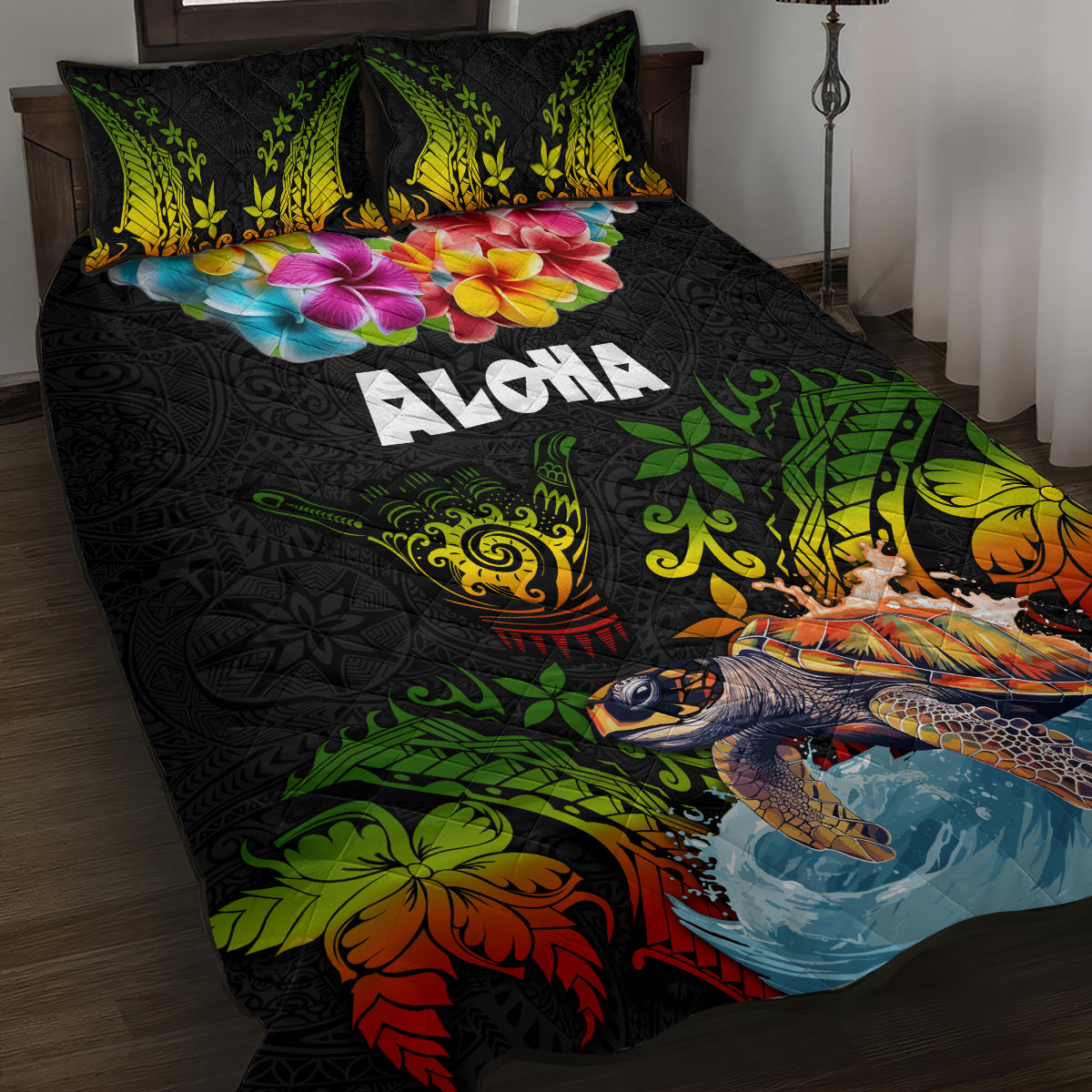 Hawaii Lei Day Quilt Bed Set Hibiscus Wreath and Polynesian Pattern LT03 Black - Polynesian Pride