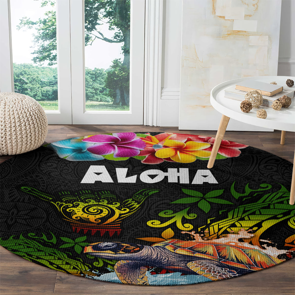 Hawaii Lei Day Round Carpet Hibiscus Wreath and Polynesian Pattern
