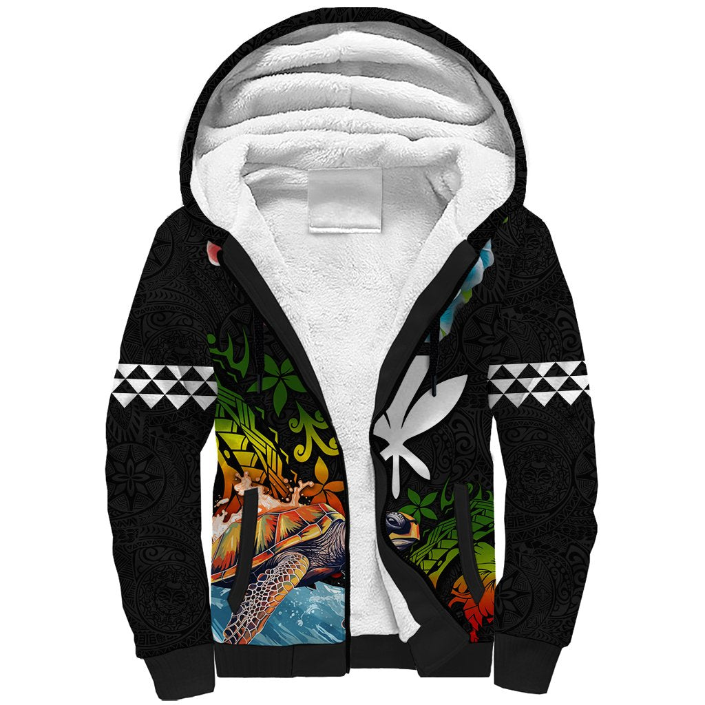 Hawaii Lei Day Sherpa Hoodie Hibiscus Wreath and Polynesian Pattern LT03 Unisex Black - Polynesian Pride