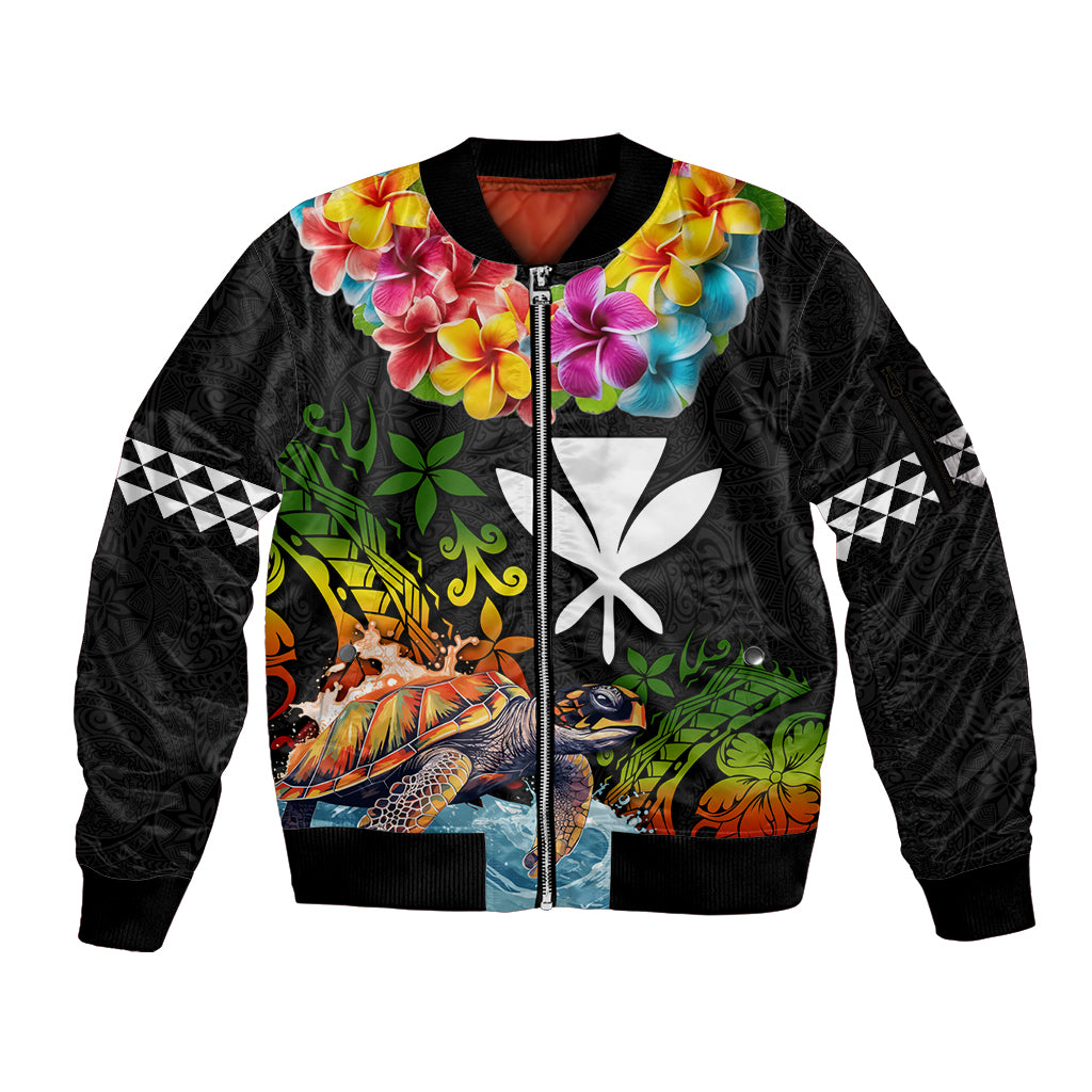 Hawaii Lei Day Sleeve Zip Bomber Jacket Hibiscus Wreath and Polynesian Pattern LT03 Unisex Black - Polynesian Pride