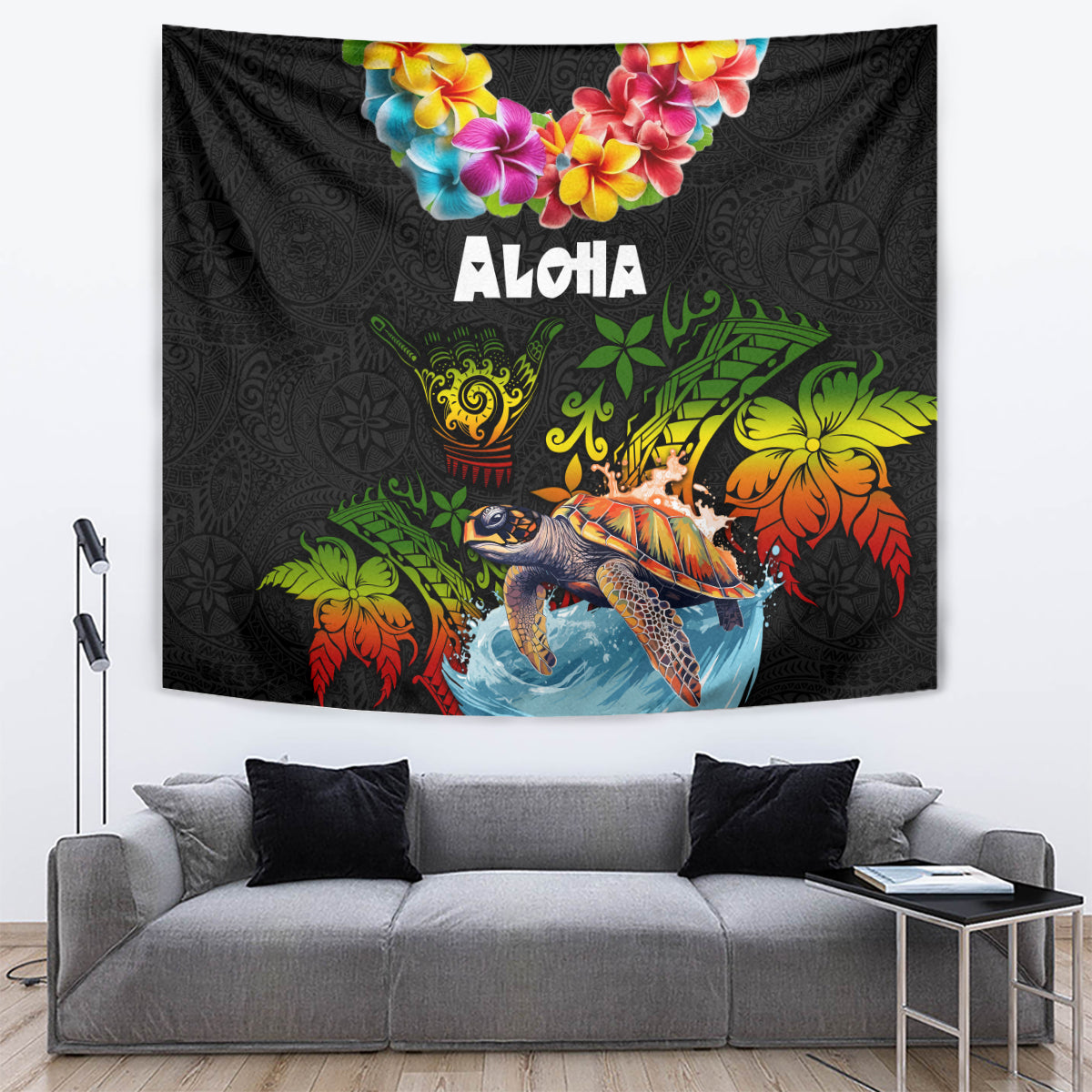 Hawaii Lei Day Tapestry Hibiscus Wreath and Polynesian Pattern LT03 Black - Polynesian Pride