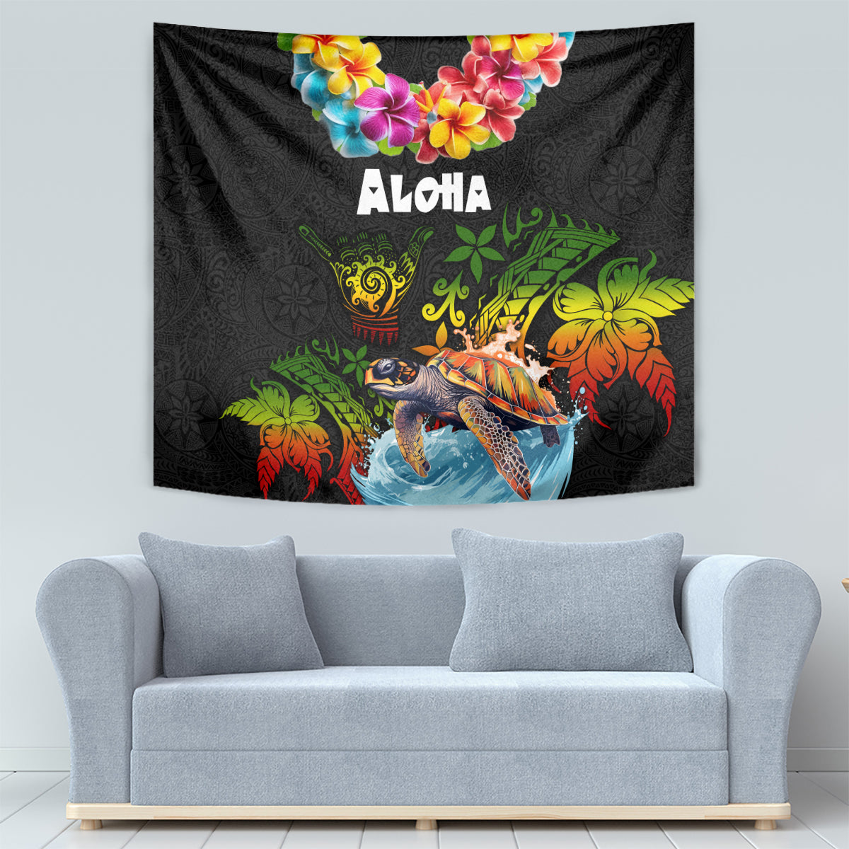 Hawaii Lei Day Tapestry Hibiscus Wreath and Polynesian Pattern LT03 - Polynesian Pride