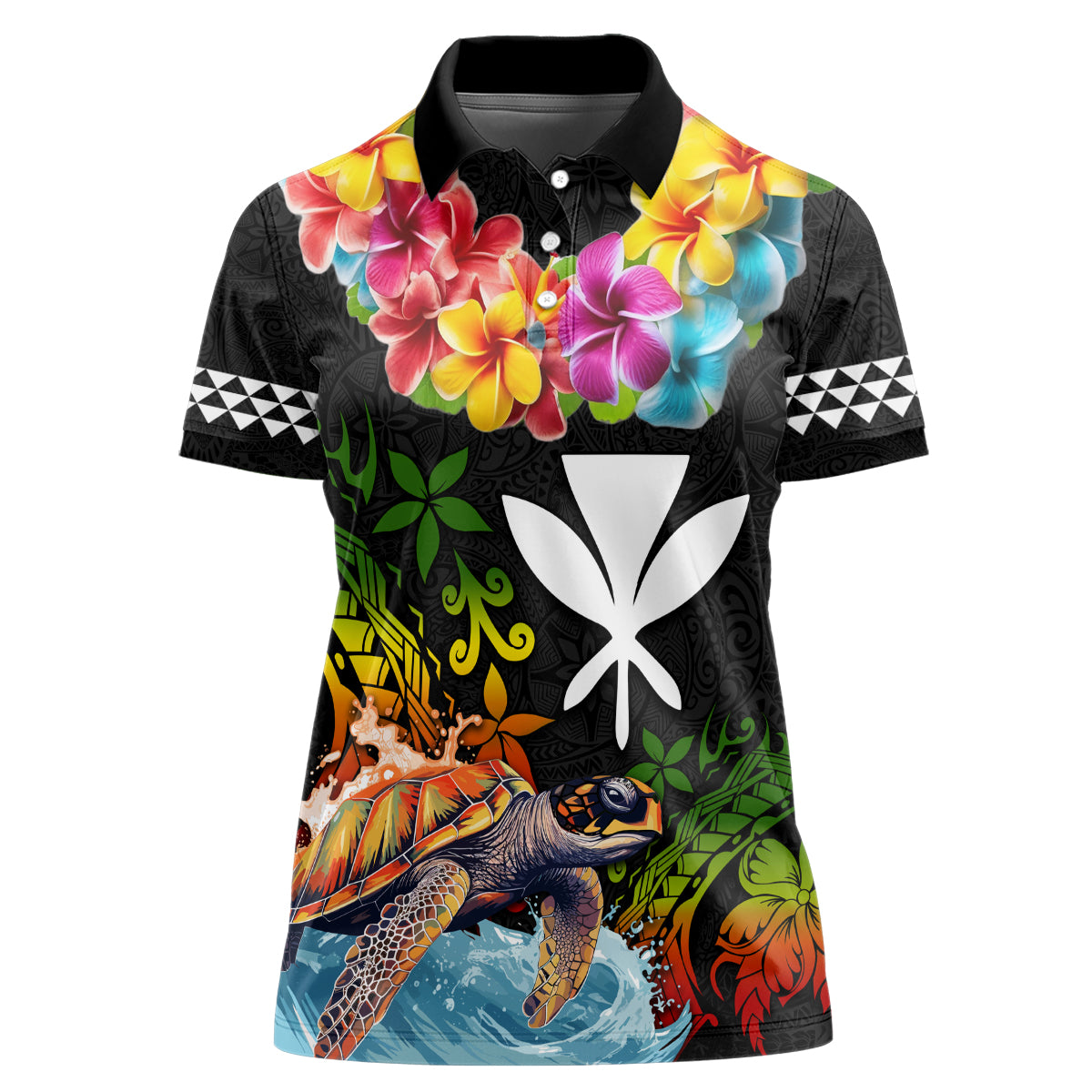 Hawaii Lei Day Women Polo Shirt Hibiscus Wreath and Polynesian Pattern