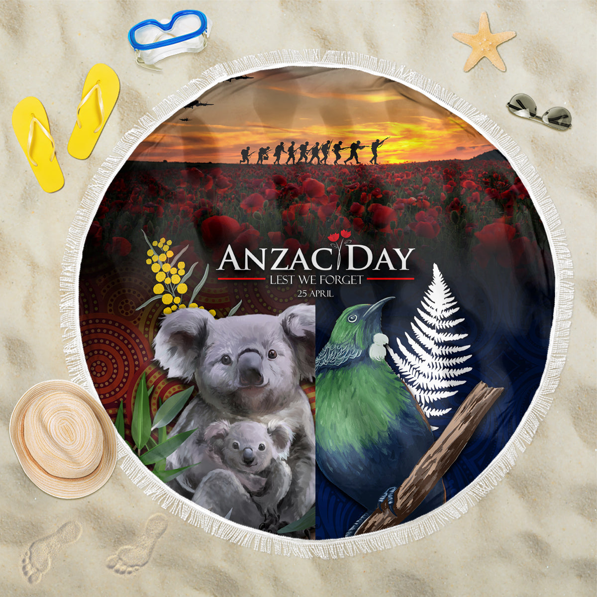 Australia and New Zealand ANZAC Day Beach Blanket Tui Bird and Koala mix Maori and Aboriginal Pattern LT03 One Size 150cm Black - Polynesian Pride