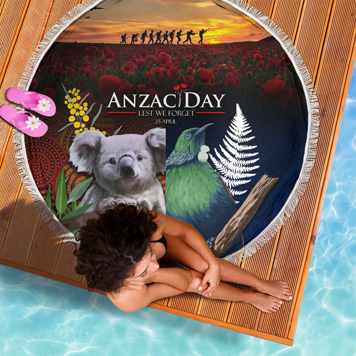 Australia and New Zealand ANZAC Day Beach Blanket Tui Bird and Koala mix Maori and Aboriginal Pattern LT03 - Polynesian Pride